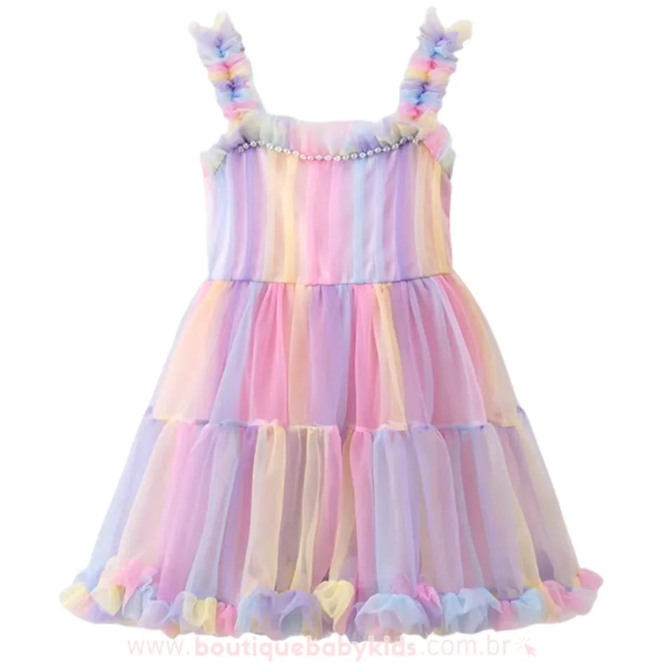 Vestido Infantil Tule Arco-Íris Pastel Multicor - Boutique Baby Kids