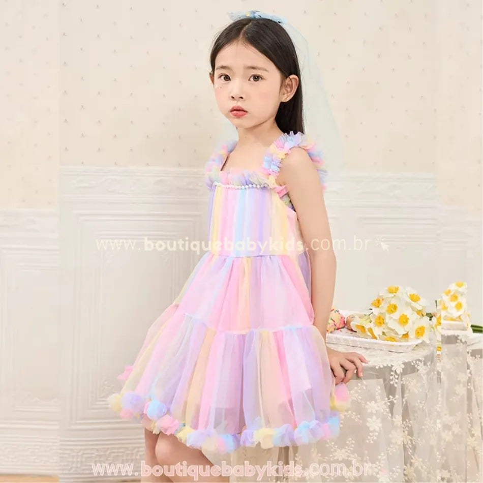 Vestido Infantil Tule Arco-Íris Pastel Multicor - Boutique Baby Kids