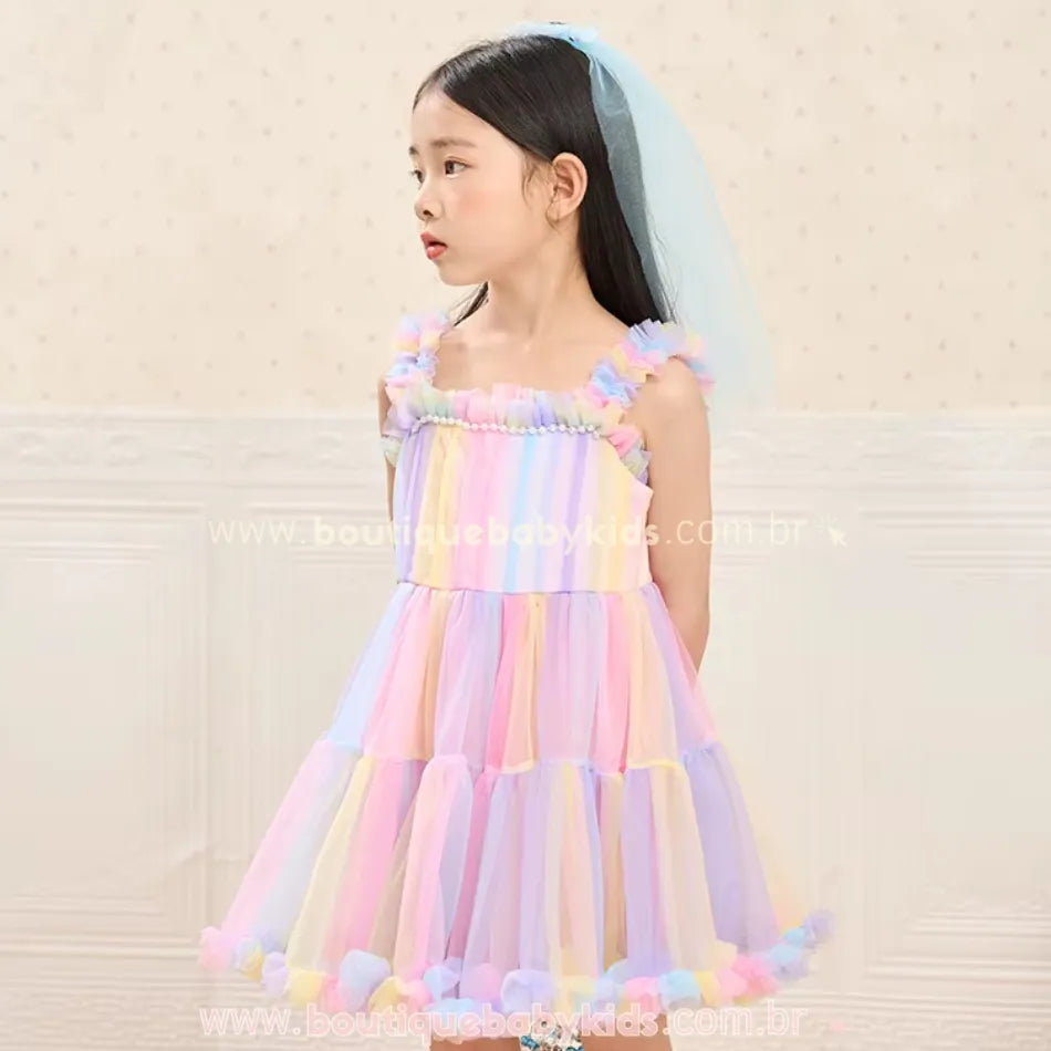 Vestido Infantil Tule Arco-Íris Pastel Multicor - Boutique Baby Kids