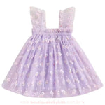 Vestido infantil lilás com tule estampado de coelhinhos e detalhes florais, modelo fofo e ideal para ocasiões especiais. 
