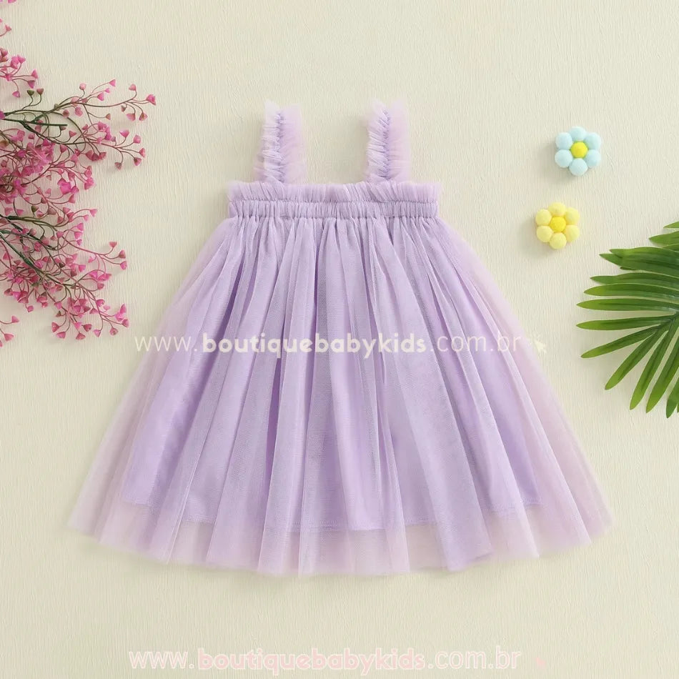 Vestido Infantil Tule Laço de Paetês na cor lilás, com alças franzidas e acabamento delicado, disponível na Boutique Baby Kids.