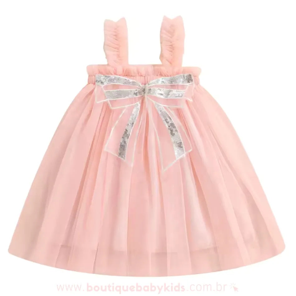Vestido Infantil Tule Laço de Paetês salmão, com tule delicado e laço prateado em paetês, da Boutique Baby Kids.
