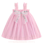 Vestido Infantil Tule Laço de Paetês na cor rosa claro, com alças em tule e laço de paetês, da Boutique Baby Kids.