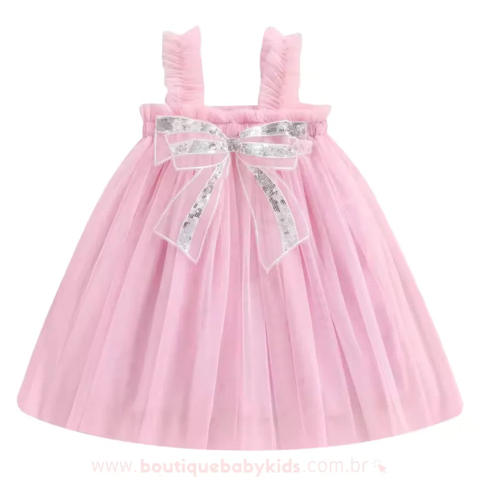 Vestido Infantil Tule Laço de Paetês na cor rosa claro, com alças em tule e laço de paetês, da Boutique Baby Kids.