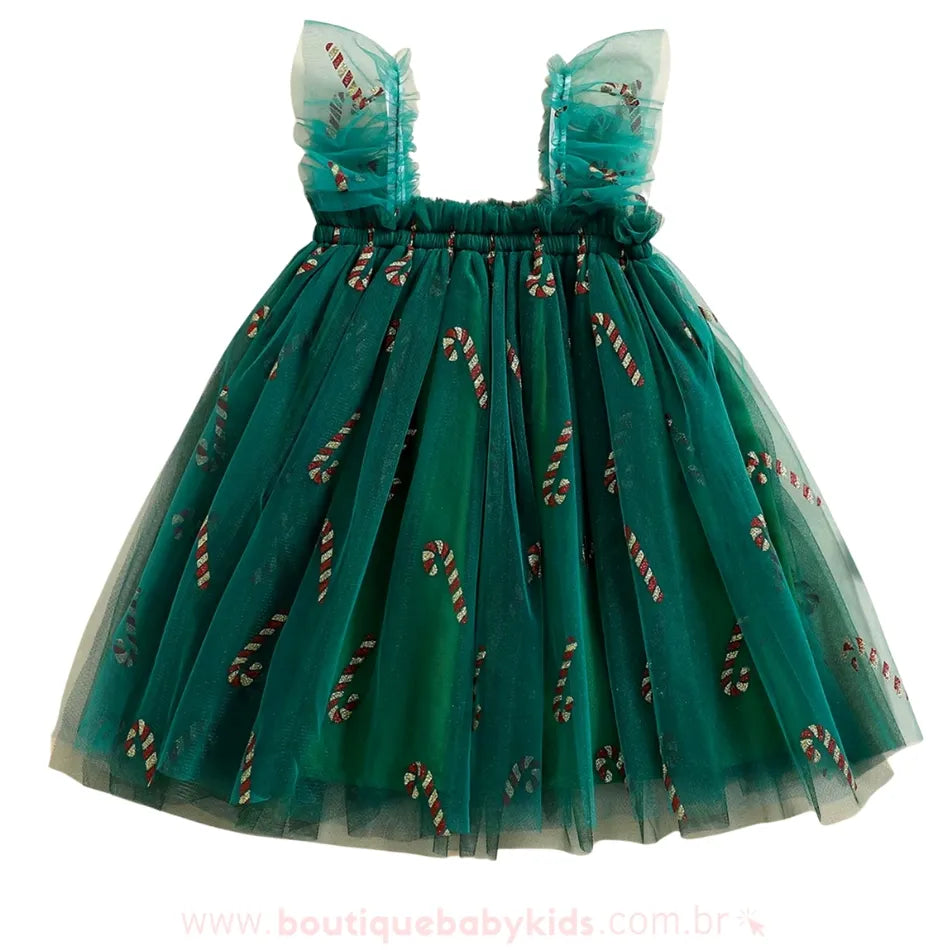 Vestido Infantil Temático de Natal Bengala Doce com Tule Verde - Boutique Baby Kids 