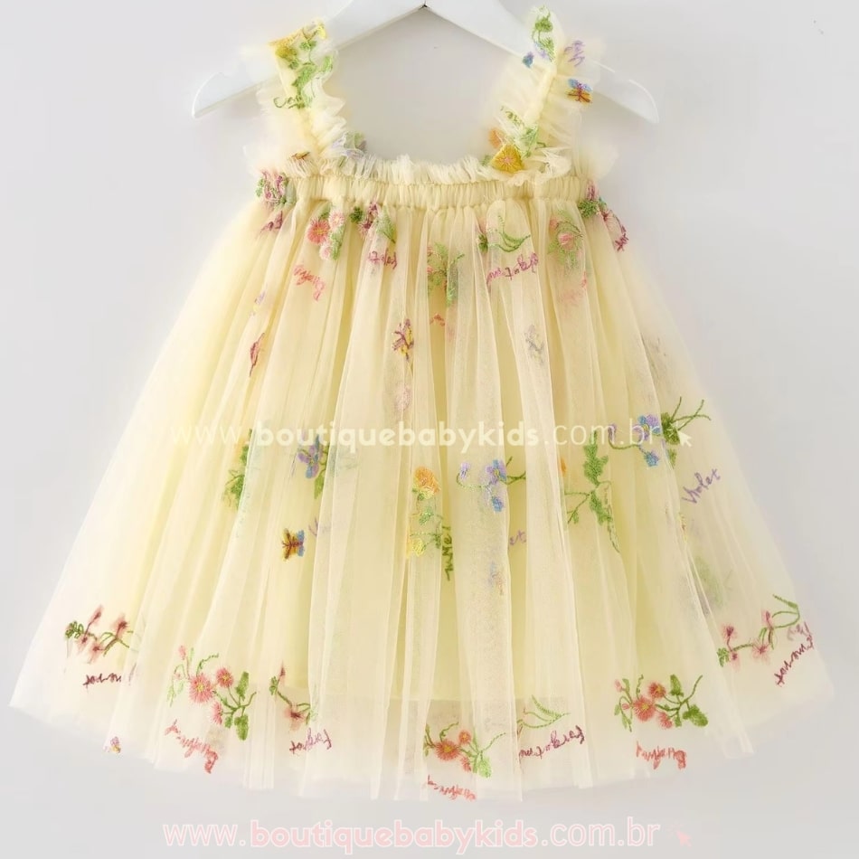 Vestido Bebê Bordado Flores Tule Jardim Encantado Amarelo - Boutique Baby Kids 