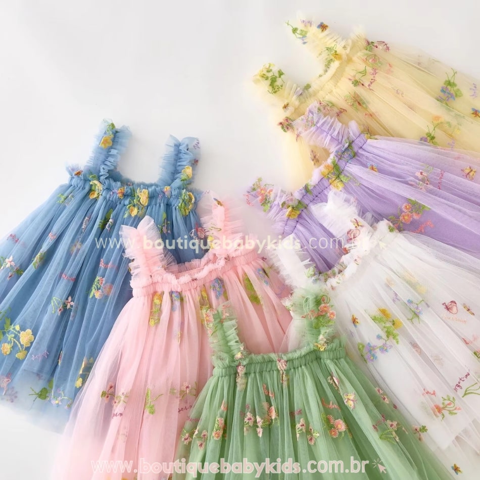 Vestido Bebê Bordado Flores Tule Jardim Encantado - Boutique Baby Kids 