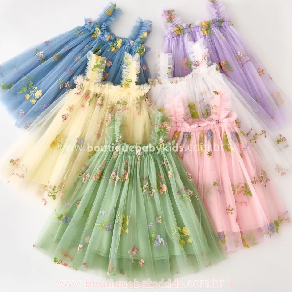 Vestido Bebê Bordado Flores Tule Jardim Encantado - Boutique Baby Kids 