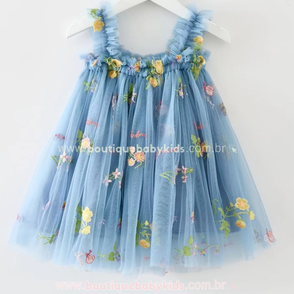 Vestido Bebê Bordado Flores Tule Jardim Encantado Azul - Boutique Baby Kids 
