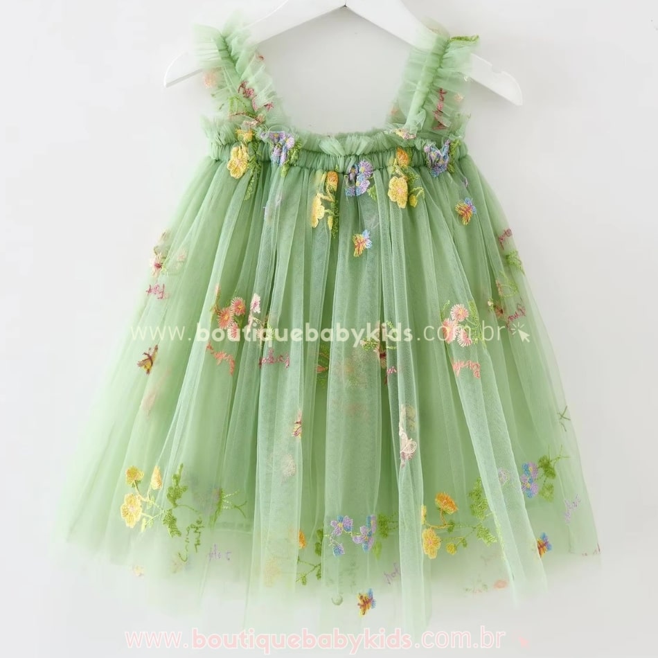 Vestido Bebê Bordado Flores Tule Jardim Encantado Verde - Boutique Baby Kids 