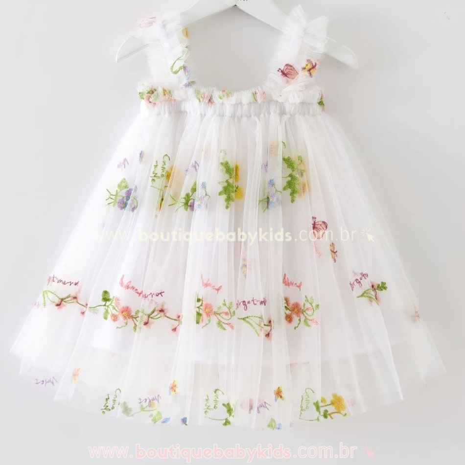 Vestido Bebê Bordado Flores Tule Jardim Encantado Branco - Boutique Baby Kids 