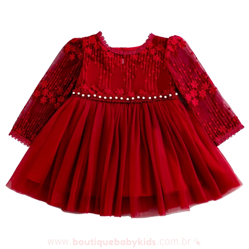 Vestido Bebê Renda Bordeaux com Tule