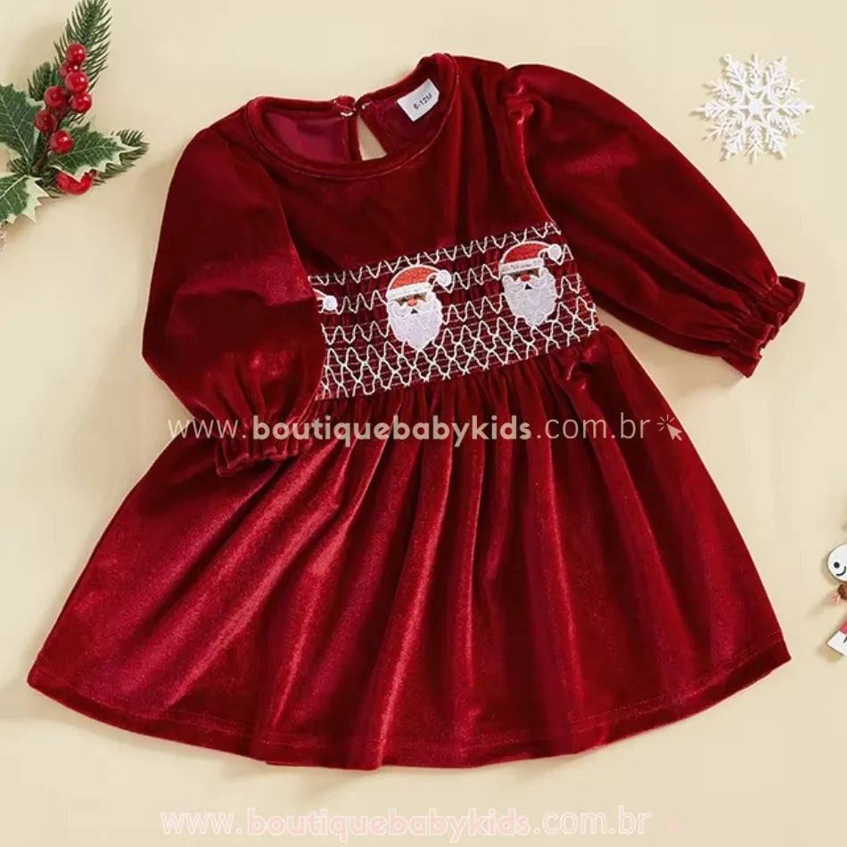 Vestido Infantil Natalino de Veludo Papai Noel Bordado - Boutique Baby Kids