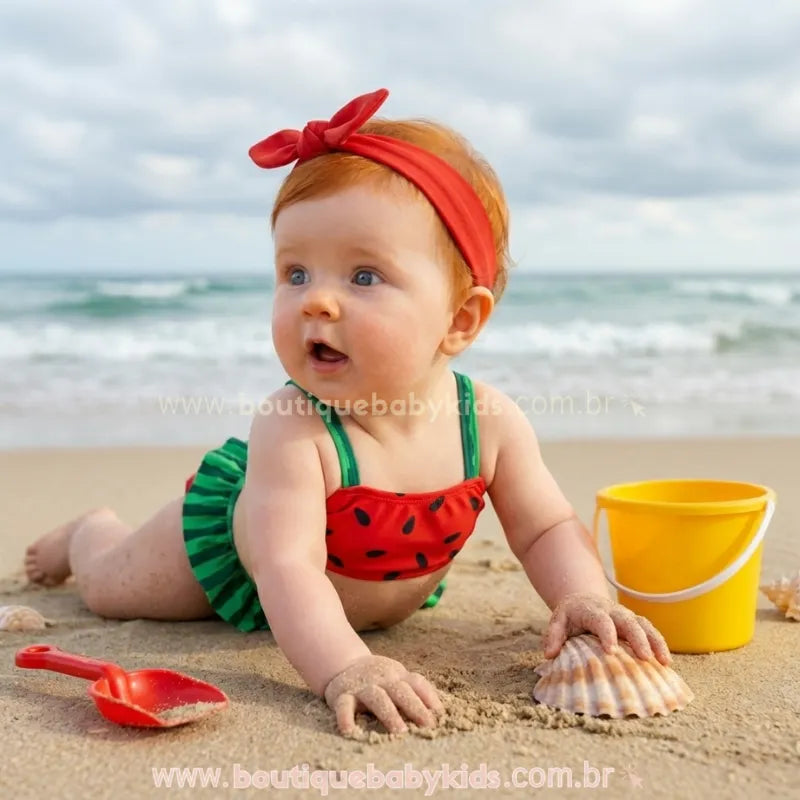 Menina bebê na praia segurando uma concha, vestindo o conjunto de moda praia Biquíni Melancia Summer. Destaque para o laço vermelho na cabeça e o babado verde da calcinha.
