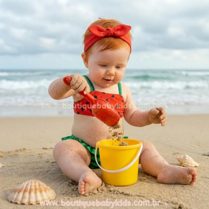 Bebê sentada na areia da praia brincando com um balde amarelo, vestindo o Biquíni Melancia Summer. A imagem mostra o ajuste confortável do top e a faixa vermelha na cabeça da criança.
