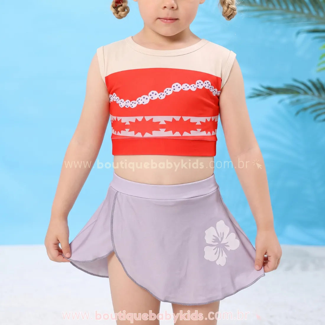 Close up do Biquíni Infantil Disney Princesa Moana Laranja - Boutique Baby Kids