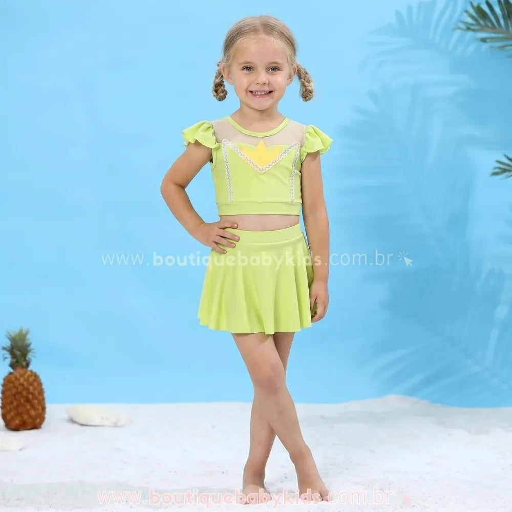 Biquíni Infantil Princesa Tiana Verde com Saia e Babados Verde - Boutique Baby Kids