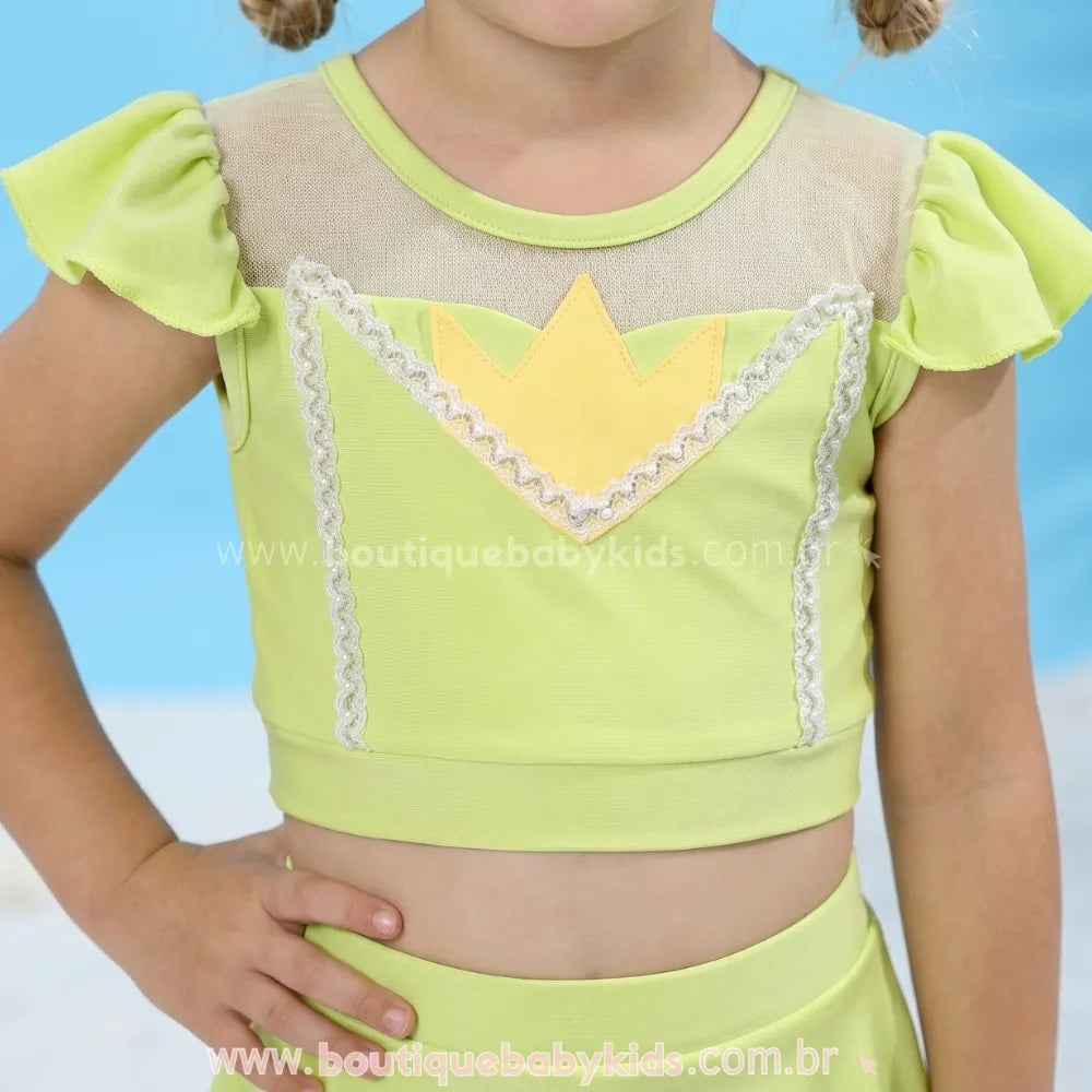 Detalhes do Biquíni Infantil Princesa Tiana Verde com Saia e Babados Verde - Boutique Baby Kids