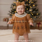 Body Bebê Tule Biscoitinho de Gengibre Brilho de Natal Marrom - Boutique Baby Kids