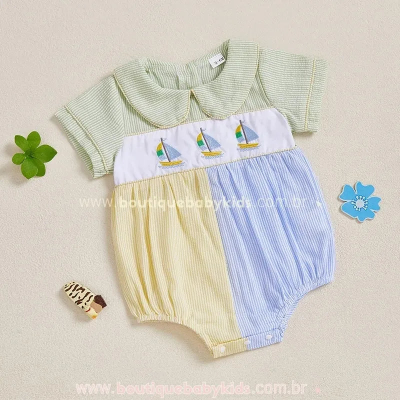 Body Bebê Bordado Náutico de Barquinho - Clássico e Retrô - Boutique Baby Kids