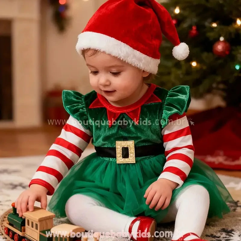 Body Bebê Tule Elfo Natalino com Meia e Gorro Verde - Boutique Baby Kids