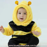 Body Bebê Fantasia Abelhinha com capuz peluciado e anteninhas amarelas