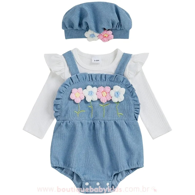 Body Bebê Flores do Campo com Boina Azul - Boutique Baby Kids