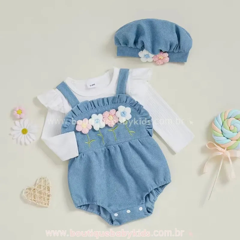 Body Bebê Flores do Campo com Boina Azul - Boutique Baby Kids