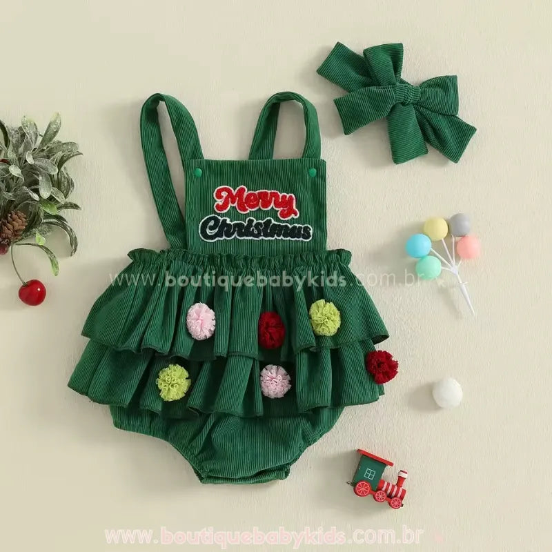 Body Bebê Jardineira Bordado 'Merry Christmas' Árvore de Natal Verde - Boutique Baby Kids