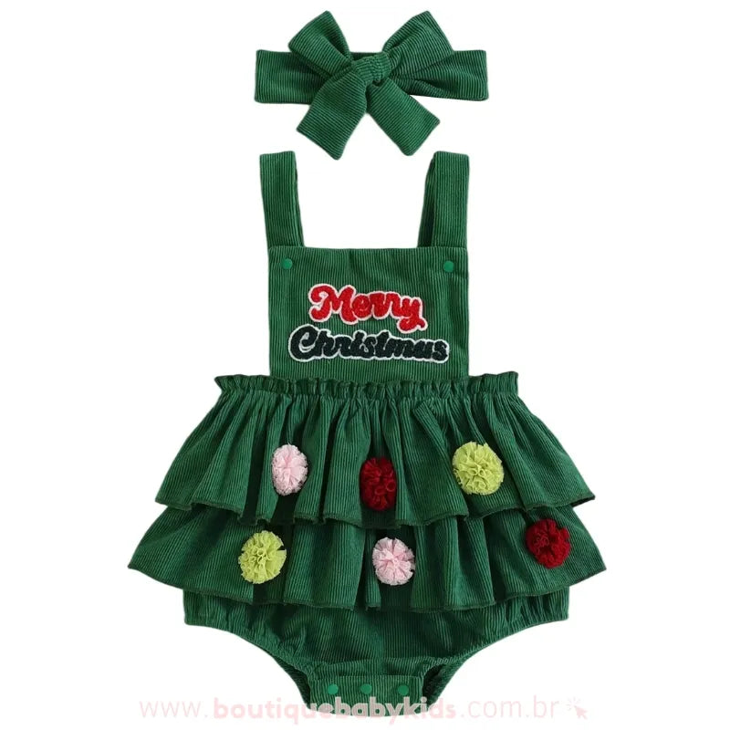 Body Bebê Jardineira Bordado 'Merry Christmas' Árvore de Natal - Boutique Baby Kids