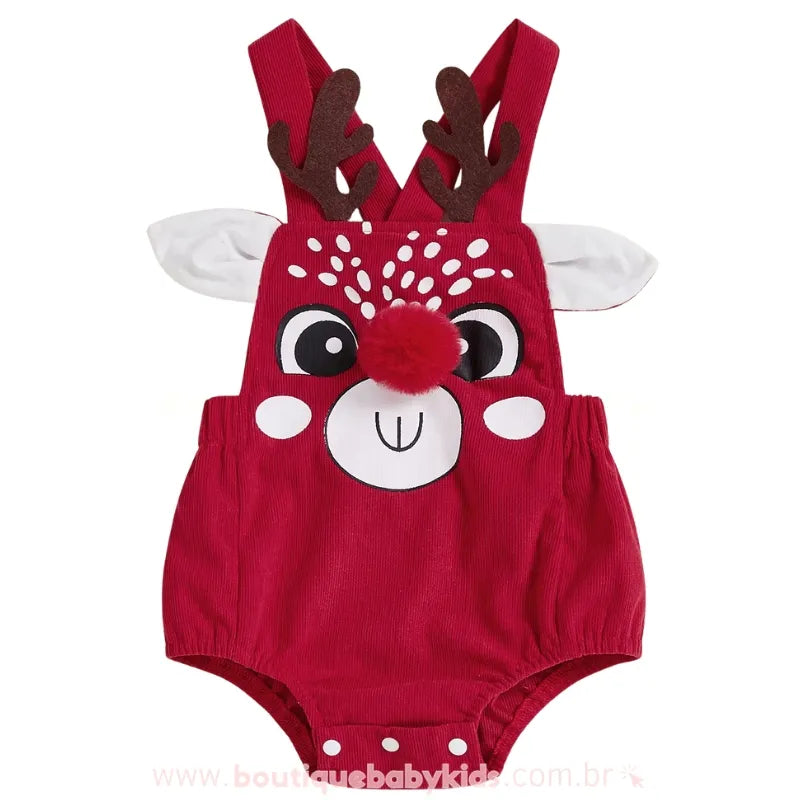 Body Bebê Jardineira Veludo Cotelê Rena do Nariz Vermelho - Boutique Baby Kids #vermelho