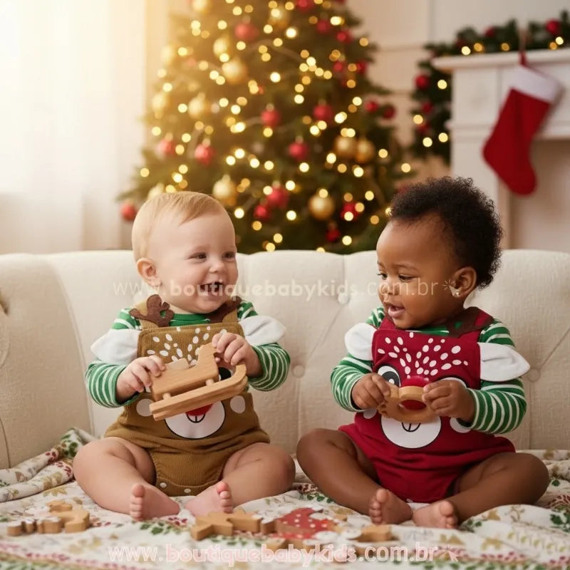 Body Bebê Jardineira Veludo Cotelê Rena do Nariz Vermelho - Boutique Baby Kids 