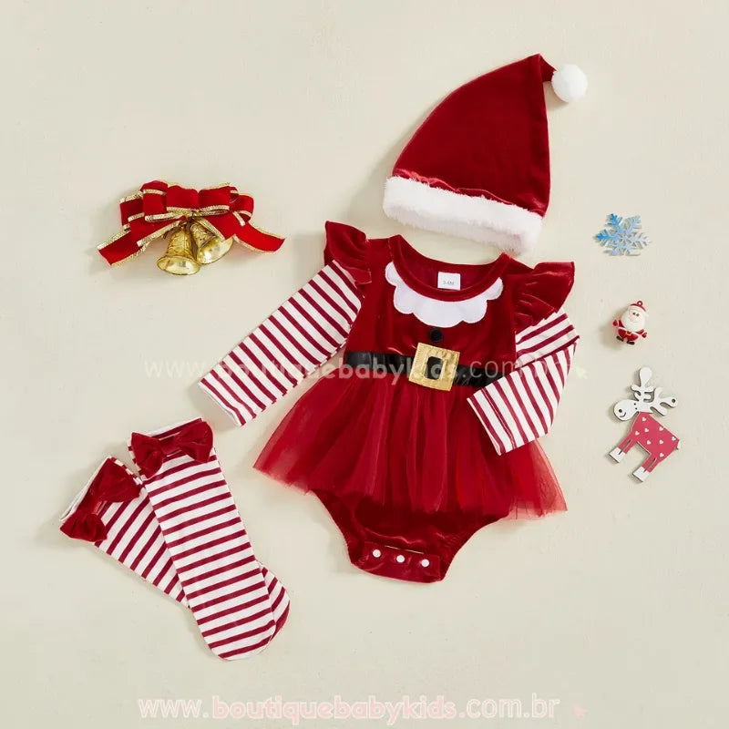Body Bebê Tule de Natal Mamãe Noel com Meia e Gorro - Boutique Baby Kids