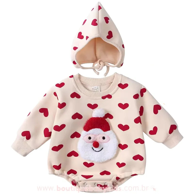 Body Bebê Natal Estampa Coração Papai Noel com Gorro - Boutique Baby Kids #heart