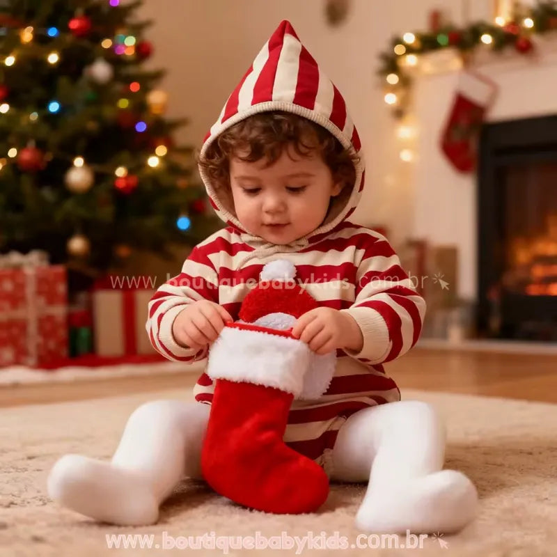 Body Bebê Natal Estampa Listrada Papai Noel com Gorro - Boutique Baby Kids 