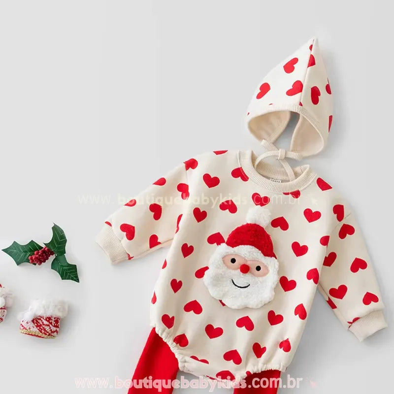 Body Bebê Natal Estampa Coração Papai Noel com Gorro - Boutique Baby Kids 