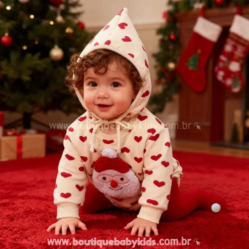 Body Bebê Natal Estampa Coração Papai Noel com Gorro - Boutique Baby Kids 