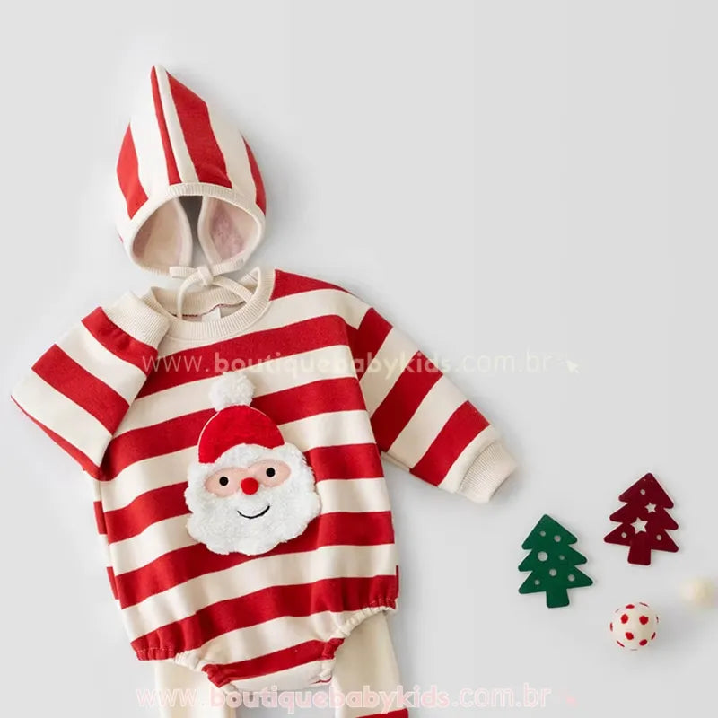 Body Bebê Natal Estampa Listrada Papai Noel com Gorro - Boutique Baby Kids 