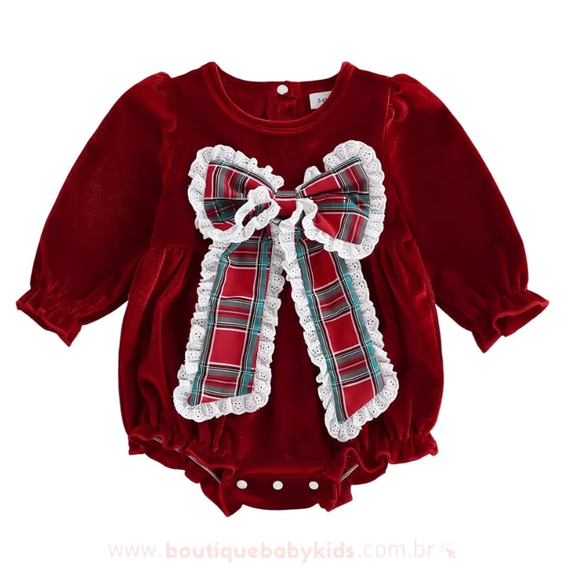 Body Bebê Veludo Natal Laço de Amor Mangas Bufantes Vermelho - Boutique Baby Kids