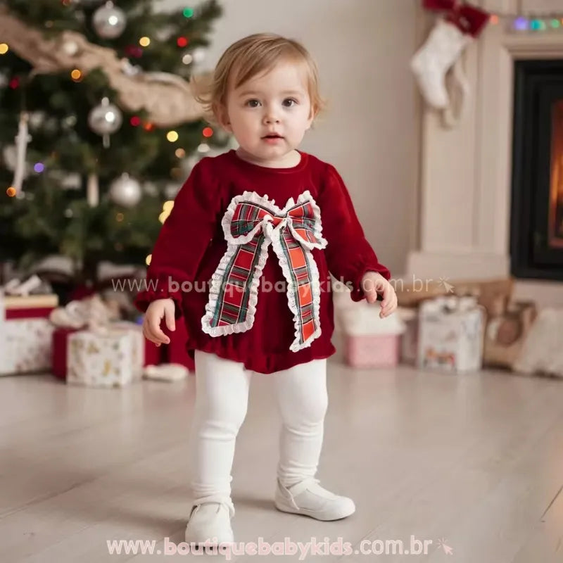 Body Bebê Veludo Natal Laço de Amor Mangas Bufantes Vermelho - Boutique Baby Kids
