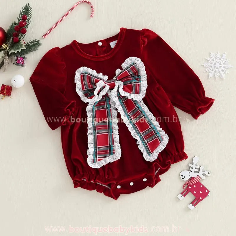 Body Bebê Veludo Natal Laço de Amor Mangas Bufantes Vermelho - Boutique Baby Kids