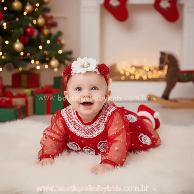 Body Bebê Tule Papai Noel Brilho de Natal Vermelho - Boutique Baby Kids