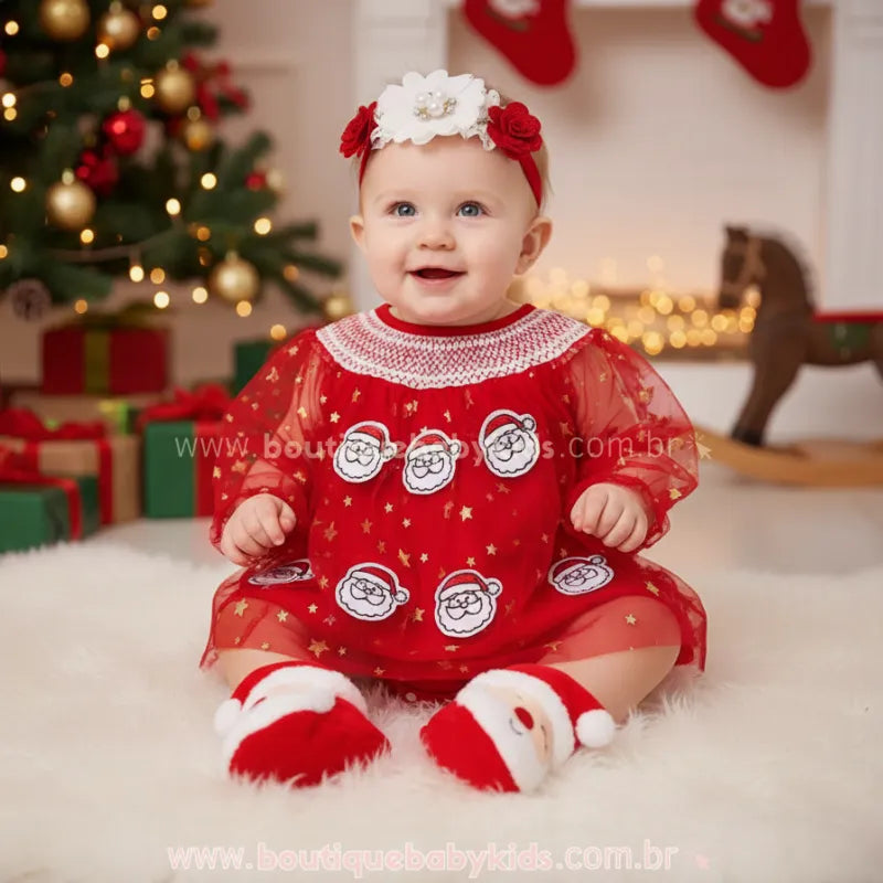 Body Bebê Tule Papai Noel Brilho de Natal Vermelho - Boutique Baby Kids