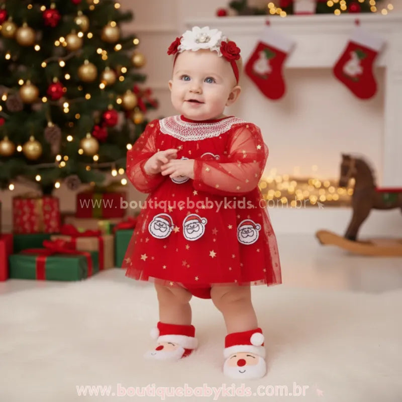 Body Bebê Tule Papai Noel Brilho de Natal Vermelho - Boutique Baby Kids
