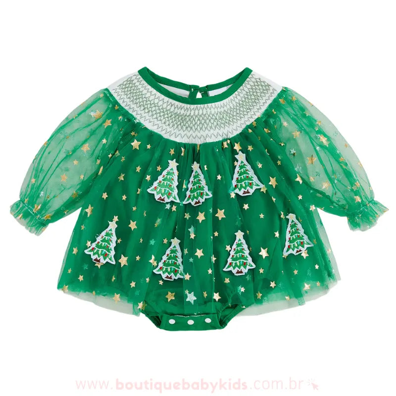 Body Bebê Tule Pinheirinho Brilho de Natal Verde - Boutique Baby Kids
