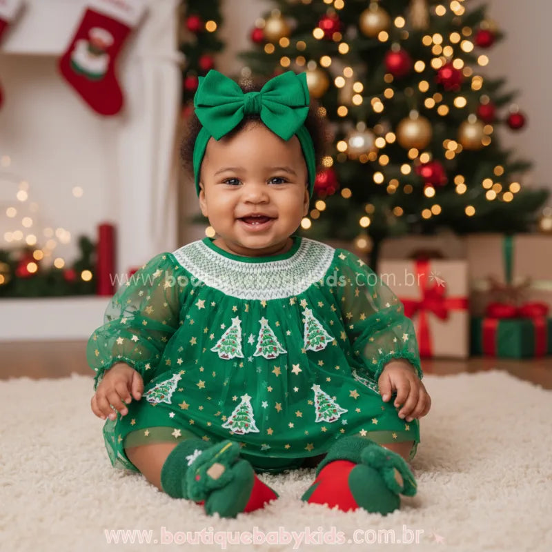 Body Bebê Tule Pinheirinho Brilho de Natal Verde - Boutique Baby Kids