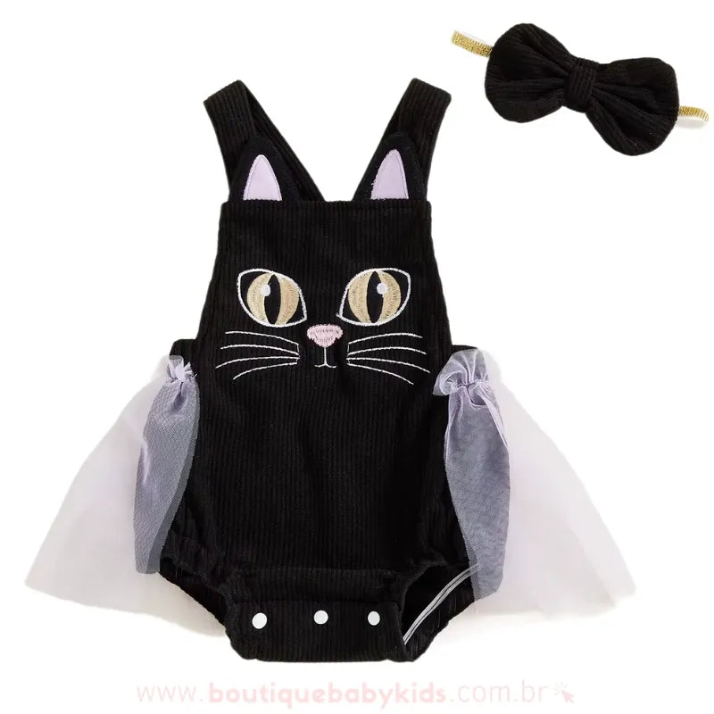 Body Bebê Temático Halloween Gatinha Preta com Faixa com Tule e Faixa - Boutique Baby Kids