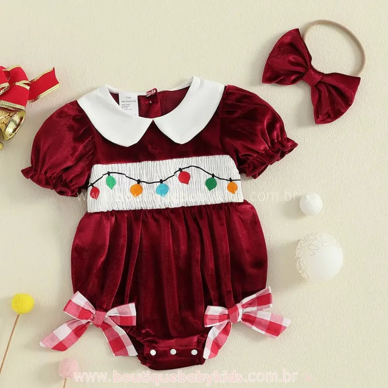 Body Bebê Veludo Bordado Luzinhas de Natal Vermelho - Boutique Baby Kids