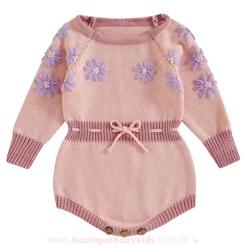 Body Bebê Tricot Bordado de Flores Rosa - Ideal para o Inverno - Boutique Baby Kids 