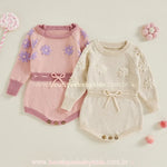 Body Bebê Tricot Bordado de Flores Rosa & Bege - Ideal para o Inverno - Boutique Baby Kids 